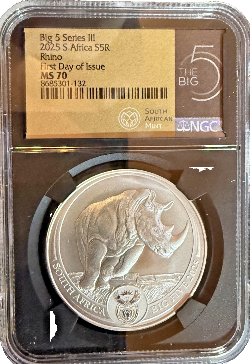 2025 South Africa 1 oz Silver Big 5 III Rhino BU NGC MS70
