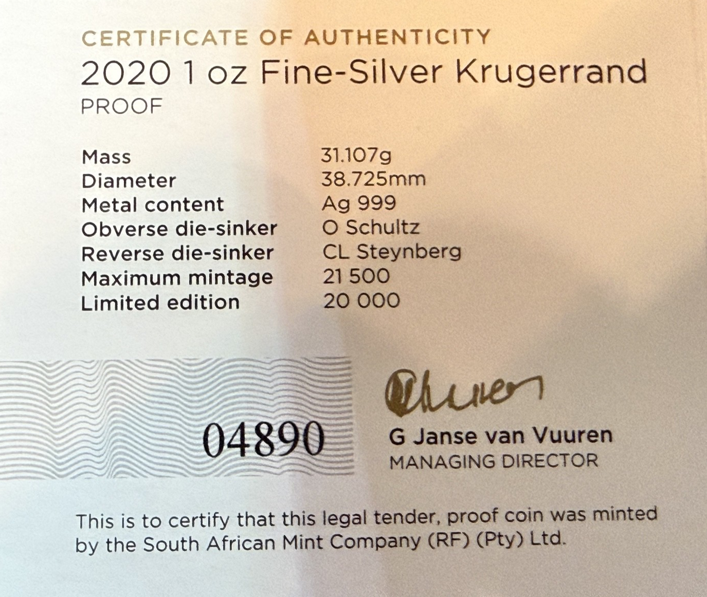 2020 SILVER SOUTH AFRICA PROOF KRUGERRAND 1 OZ COIN BOX COA