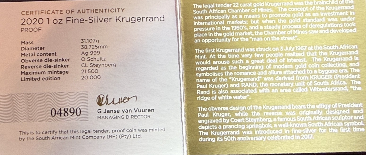 2020 SILVER SOUTH AFRICA PROOF KRUGERRAND 1 OZ COIN BOX COA