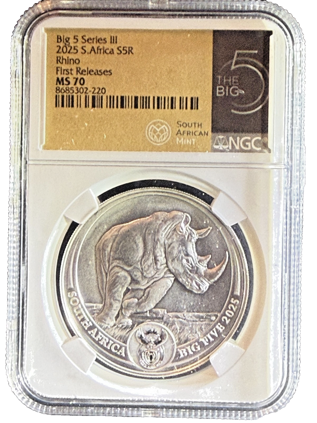 2025 South Africa 1 oz Silver Big 5 III Rhino BU NGC MS70