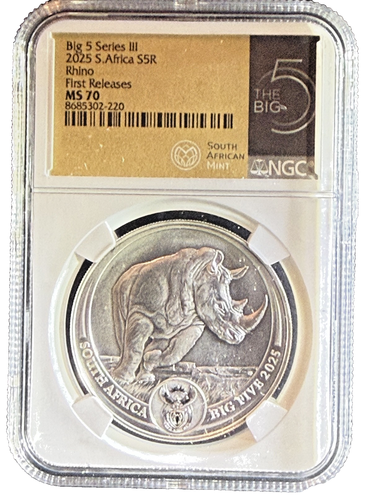 2025 South Africa 1 oz Silver Big 5 III Rhino BU NGC MS70